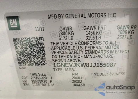 2018 Chevrolet Traverse Premier из США, поврежденный, VIN 1GNEVJKW8JJ155087